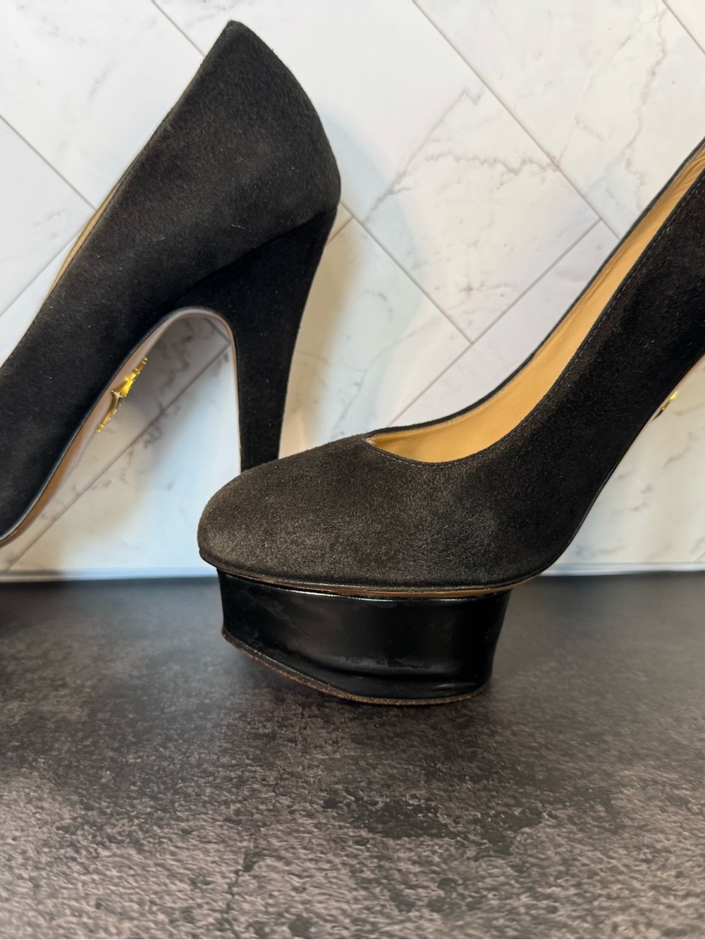 Charlotte Olympia Black Suede on Black Platforms Heels Stilettos Pump. Size 36.5